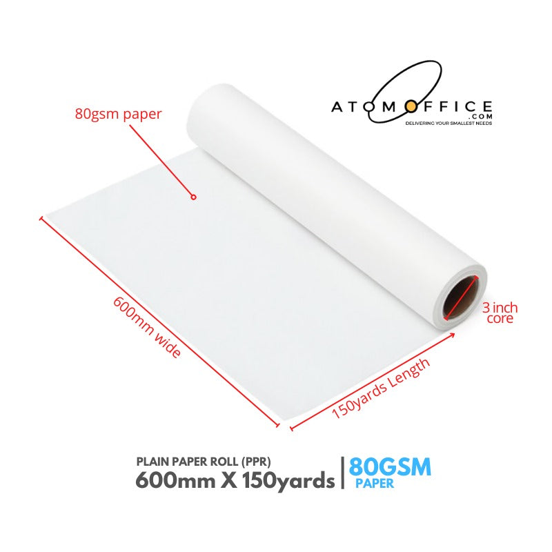 Plotter Plain Paper Rolls 600mm x 150yards - 3inch 2 roll/Box - 80gsm atomoffice