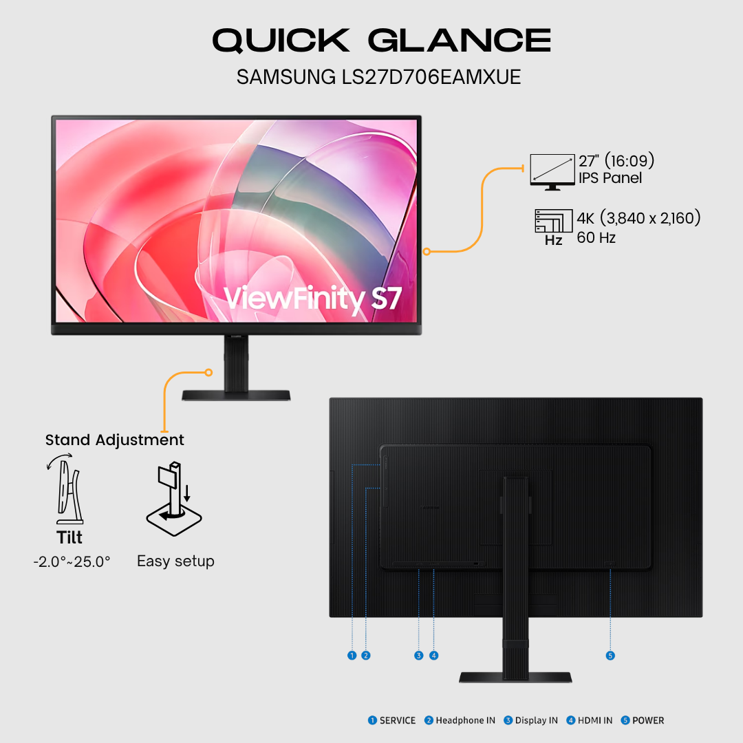 SAMSUNG S7 S70D ViewFinity Monitor, 27" IPS Display, 4K UHD Resolution, 60Hz Refresh Rate, 5ms Response Time, 1.07b Color Display, Adaptive Picture, Eye Saver Mode, Black | LS27D706EAMXUE atomoffice