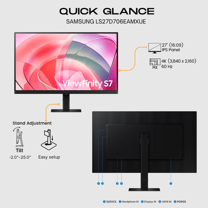 SAMSUNG S7 S70D ViewFinity Monitor, 27&quot; IPS Display, 4K UHD Resolution, 60Hz Refresh Rate, 5ms Response Time, 1.07b Color Display, Adaptive Picture, Eye Saver Mode, Black | LS27D706EAMXUE