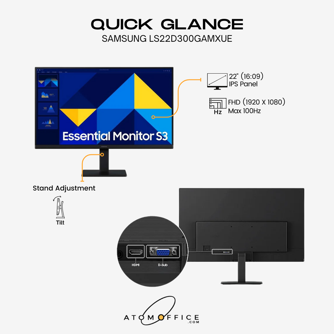 Samsung 22&quot; LS22D300GAMXUE FHD Flat Monitor IPS Panel 100 Hz - HDMI, VGA atomoffice