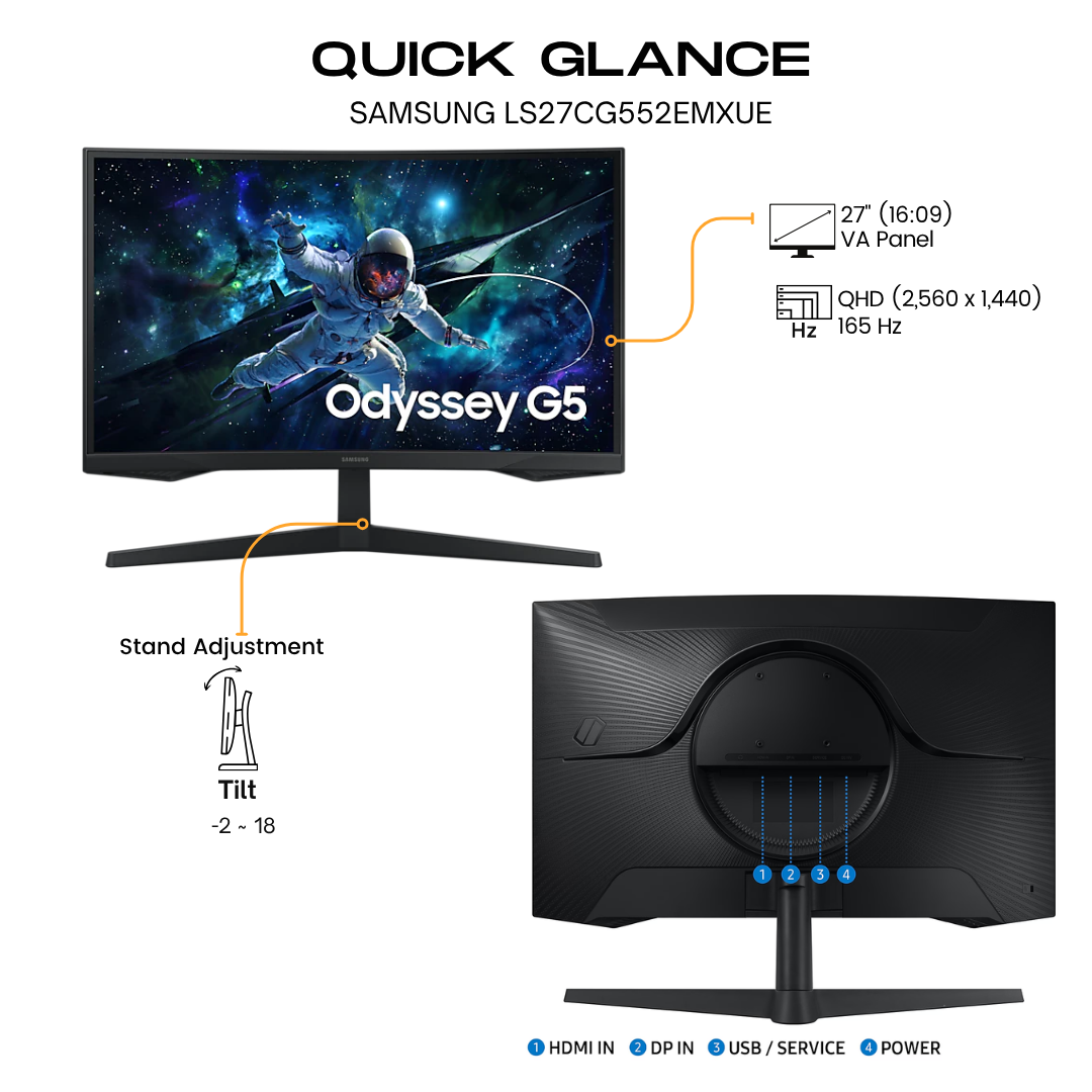 Samsung Odyssey G5 G55C QHD 1000R Curved Gaming Monitor, VA Panel 165Hz - HDMI, DisplayPort atomoffice