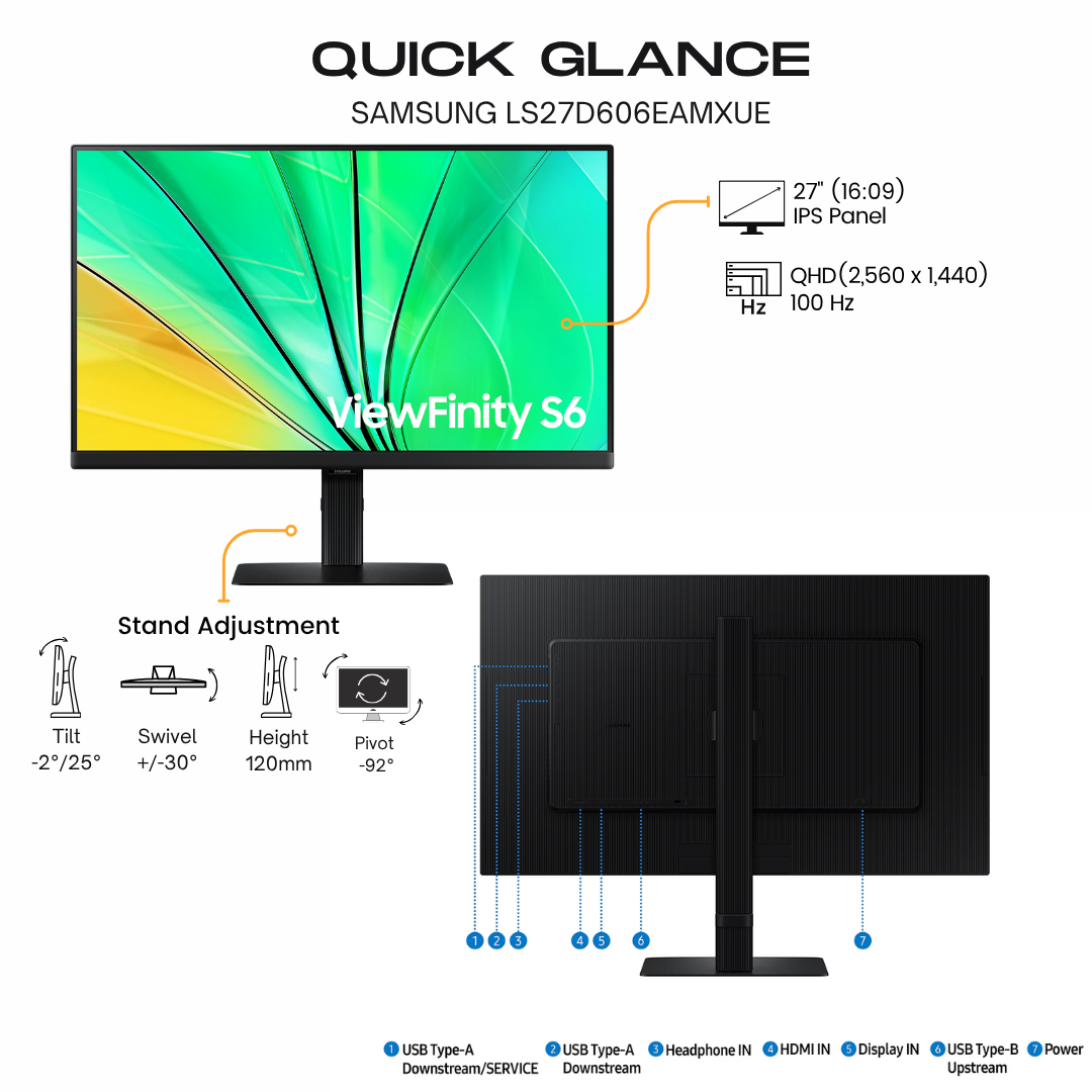 Samsung ViewFinity S6 S60D QHD Flat Monitor, IPS 100Hz, HDR10 - HDMI, DisplayPort, USB Hub atomoffice