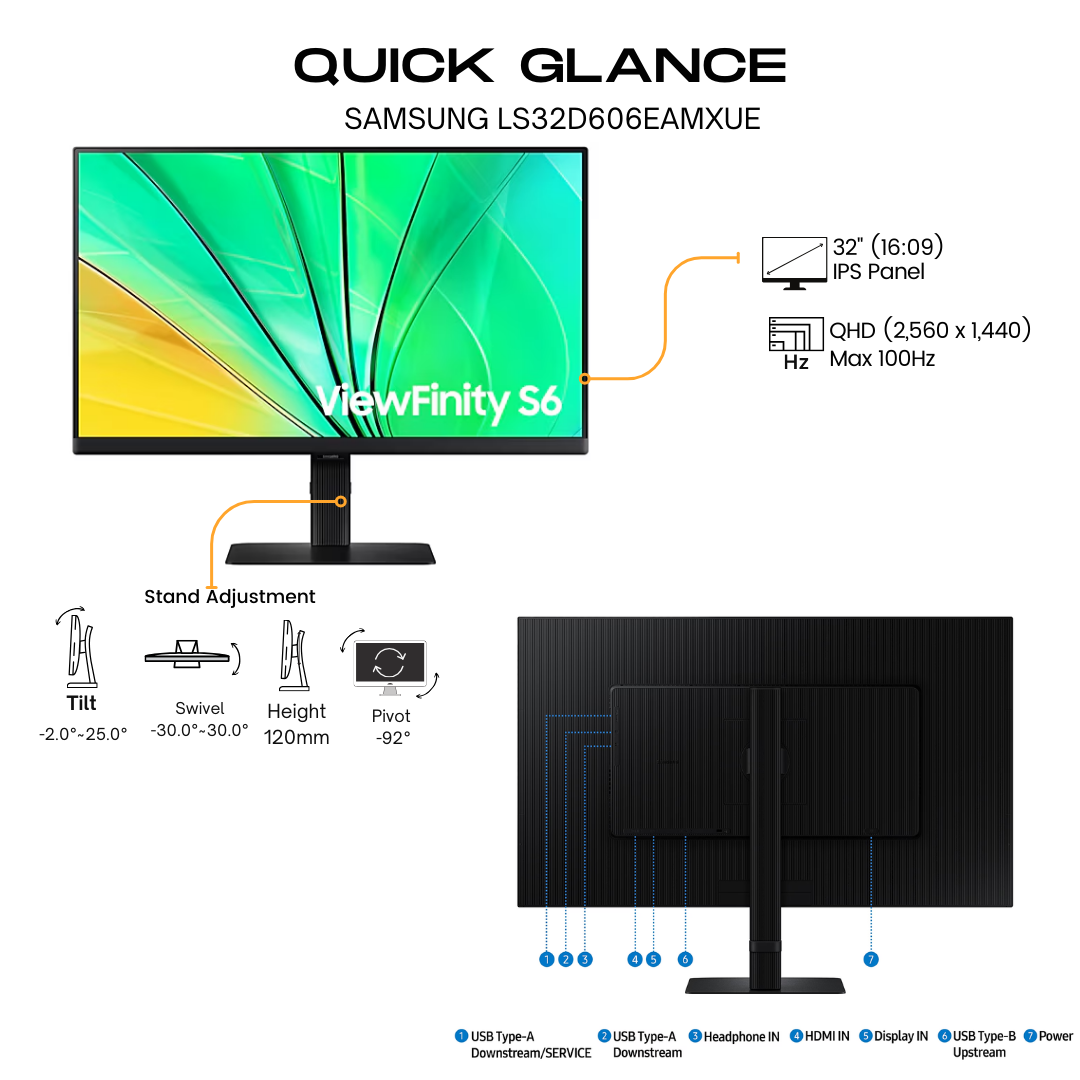 Samsung 32&quot; LS32D606EAMXUE ViewFinity S6 Flat QHD Monitor 5MS-100Hz, HDR10 , HDMI,DP,USB Hub