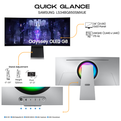 Samsung 34&quot; LS34BG850 Odyssey 1800R Curved UWQHD Monitor OLED panel 175Hz-MicroHDMI, MiniDP, USB-C &amp; Speakers, Silver