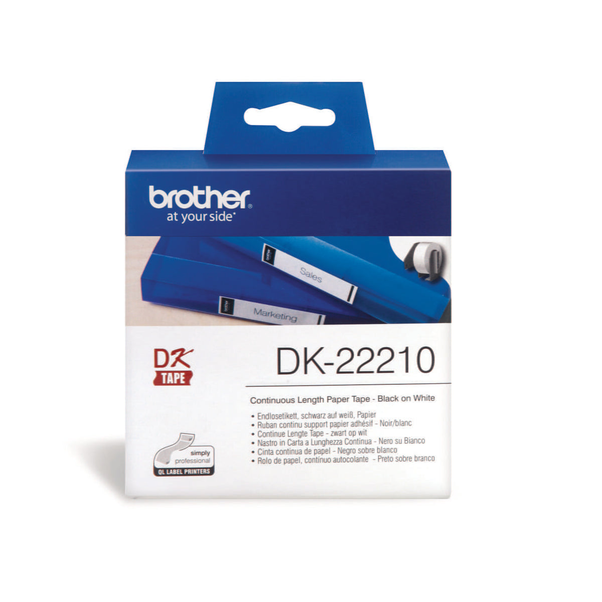 Brother DK-22210 Continuous Paper Label Roll 29mm x 30.48m Black on White atomoffice