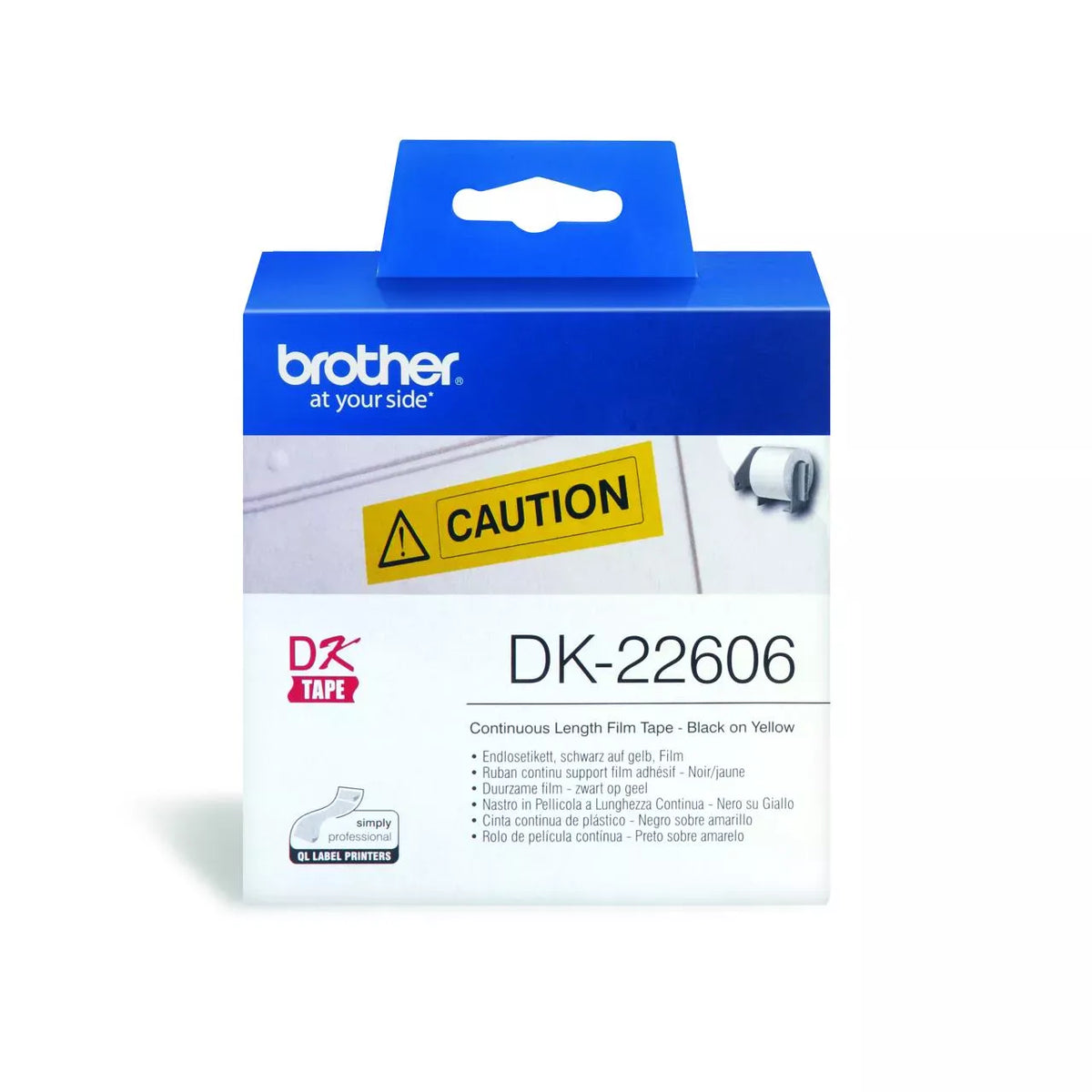 Brother DK-22606 Continuous Film Label Roll 62mm x 15.24m Black on Yellow atomoffice