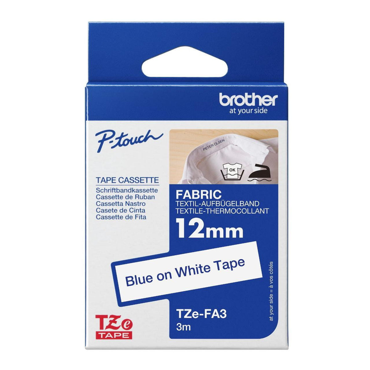 Brother TZe-FA3 Iron-On Fabric Label Tape 12mm x 3m Blue on White atomoffice