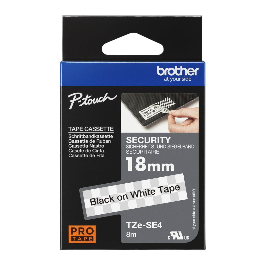 Brother TZe-SE4 Security Label Tape 18mm x 8m Black on White atomoffice