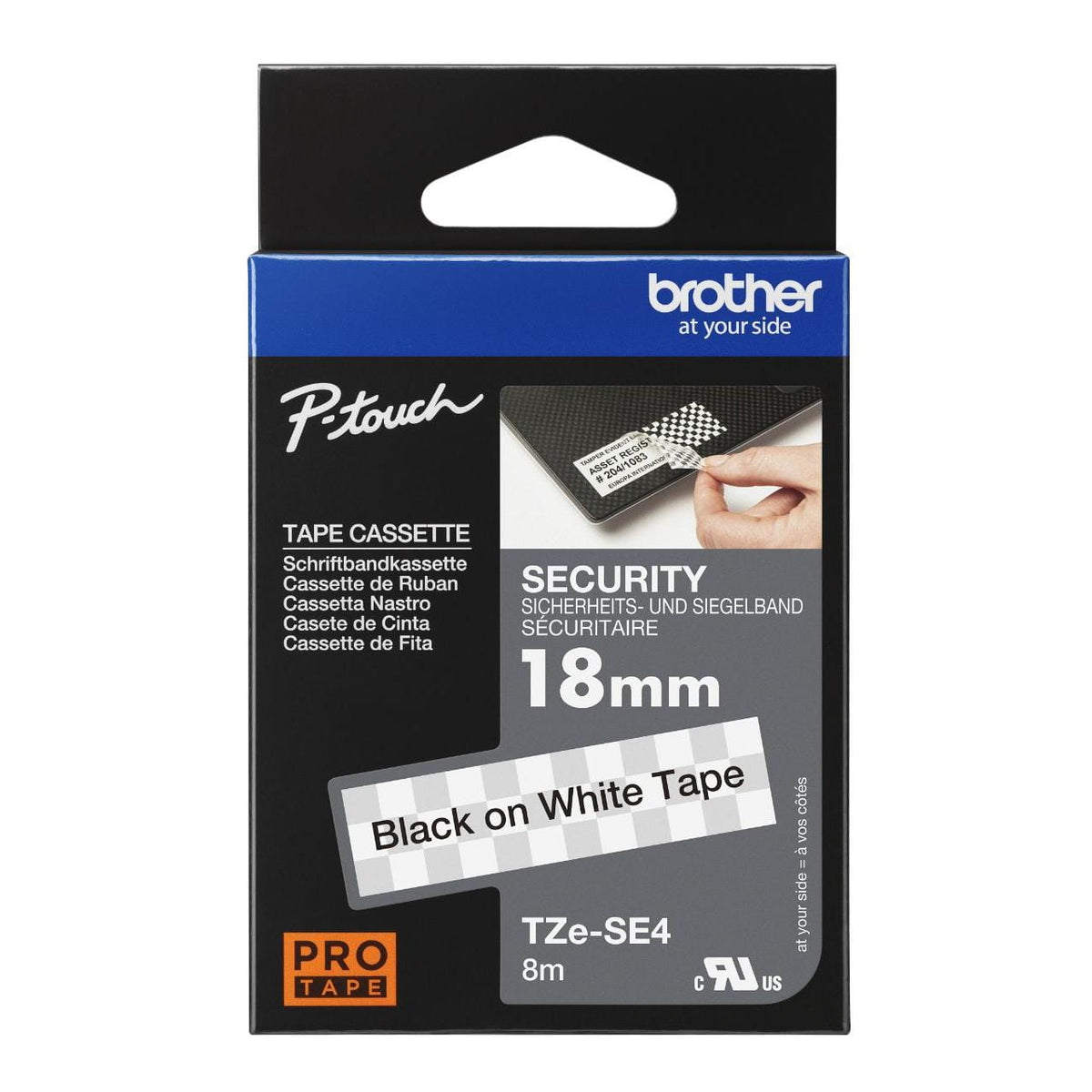 Brother TZe-SE4 Security Label Tape 18mm x 8m Black on White atomoffice