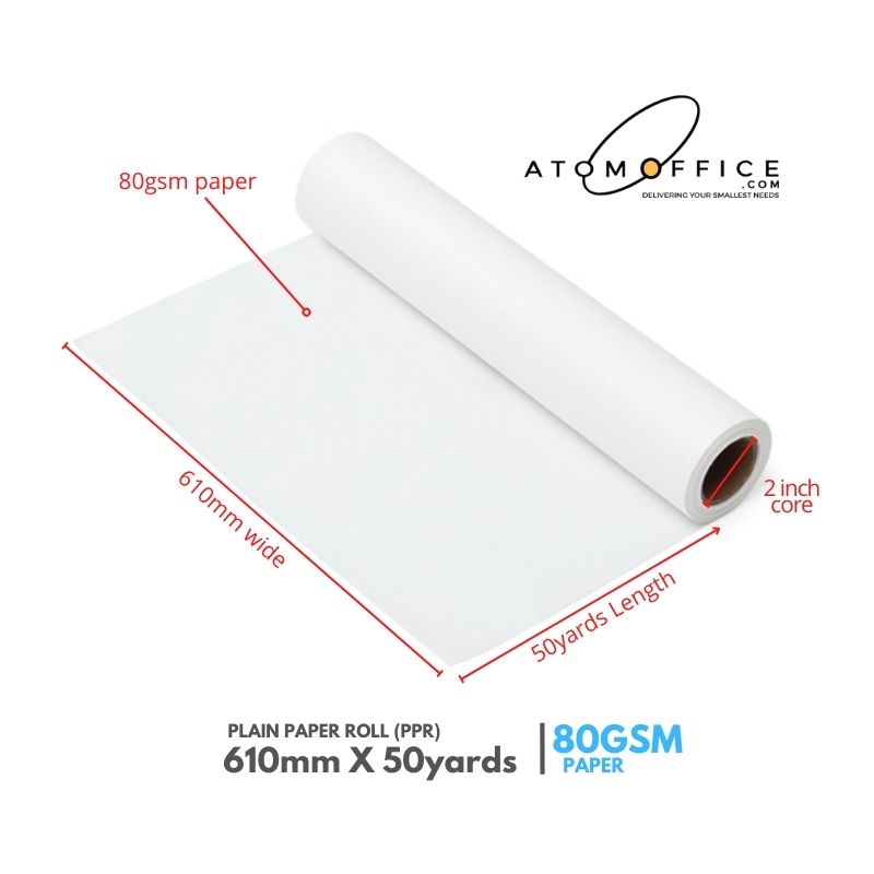 Plotter Plain Paper Rolls 610mm x 50yards - 2inch 6 roll/Box - 80gsm atomoffice