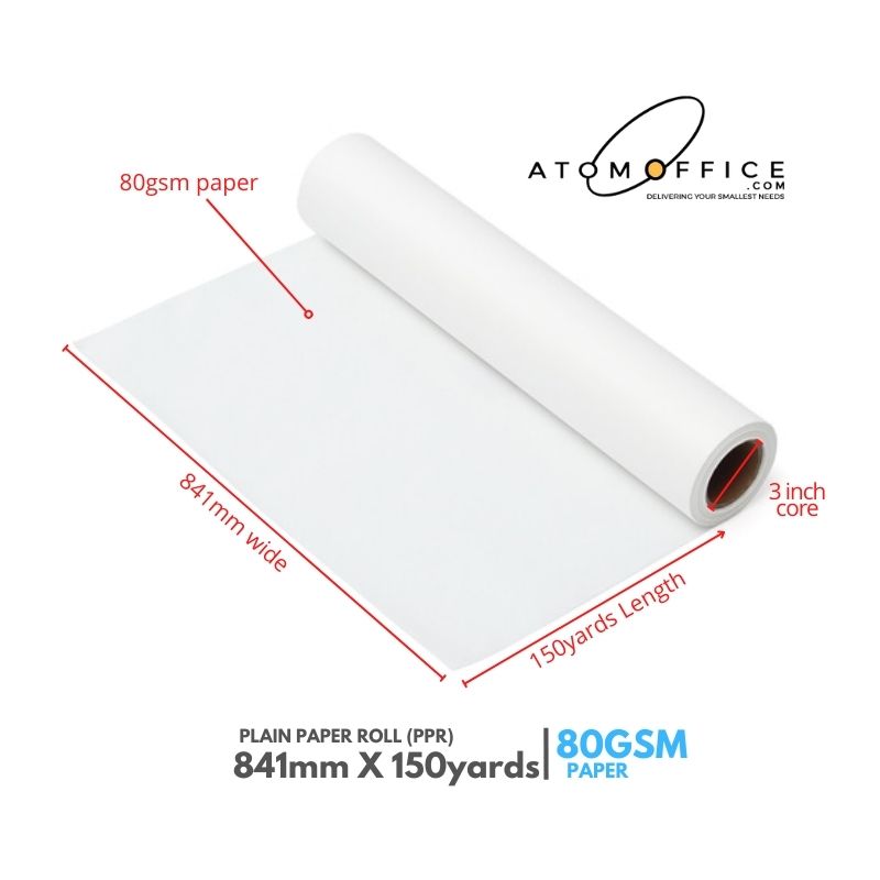 Plotter Plain Paper Rolls 841mm x 150yards - 3inch 2 roll/Box atomoffice