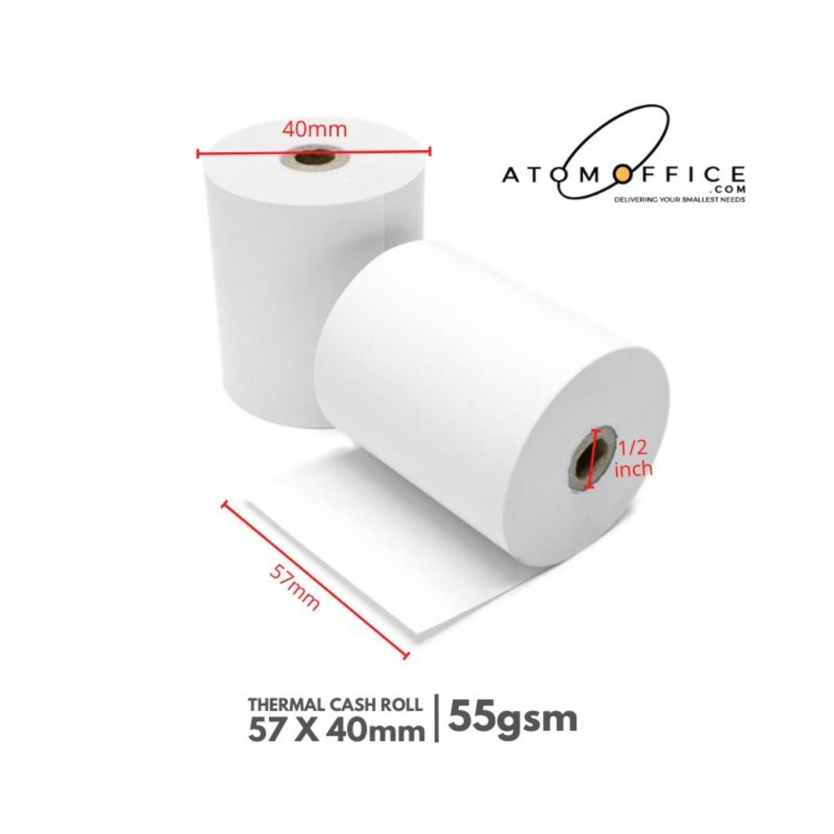 Thermal Cash Rolls 57mm x 40mm - 1/2inch 55gsm