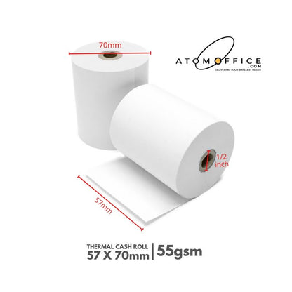 Thermal Cash Rolls 57mm x 70mm - 1/2inch 55gsm