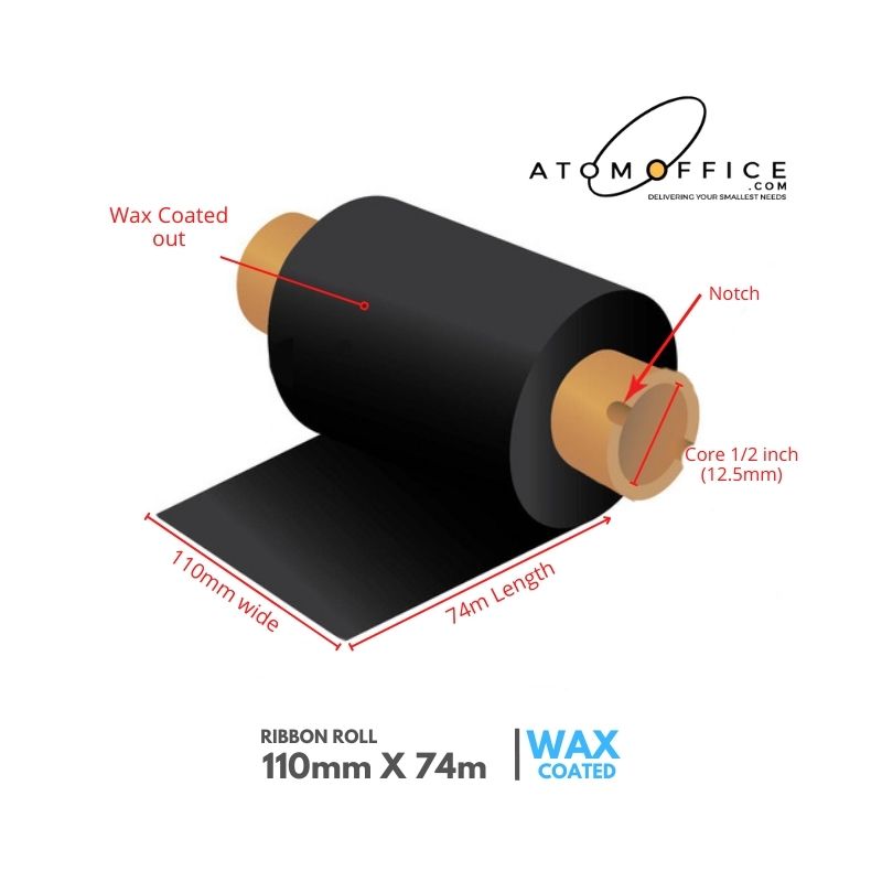 Thermal Transfer Wax Ribbon Roll 110mm x 74mtrs - 1/2 inch core Ink out atomoffice