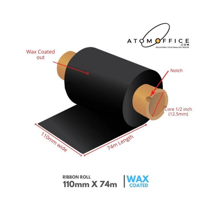 Wax Ribbon Roll 110mm x 74mtrs - 1/2 inch core