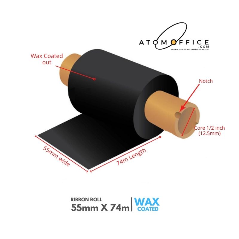 Thermal Transfer Wax Ribbon Roll 55mm x 74mtrs - 1/2 inch core Ink out atomoffice