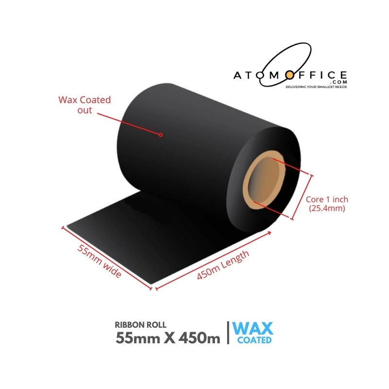 Wax Ribbon Roll 55mm x 450mtrs - 1 inch core